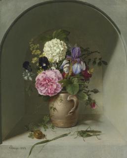 Johann Wilhelm Preyer - German flowers In A Clay Jug On A Nich e With Grasshopper