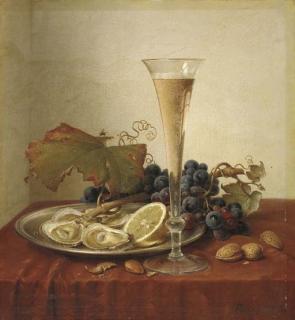 Johann Wilhelm Preyer - Grapes, Oysters, Hazlenuts and a Champagne Flute on a Draped Ledge