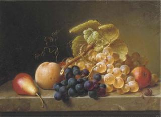 Johann Wilhelm Preyer - Pears, grapes and a peach on a ledge
