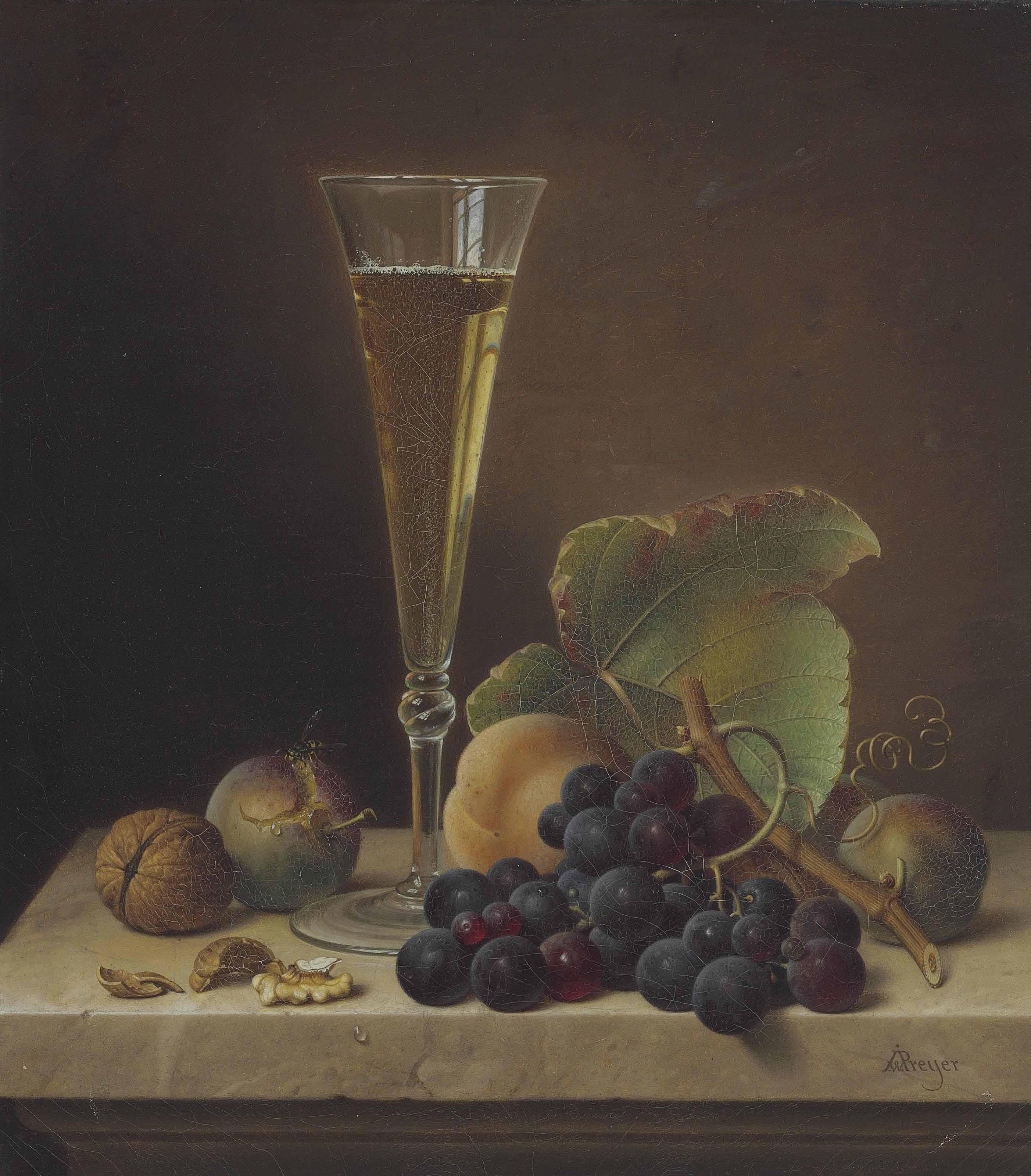 Johann Wilhelm Preyer - Still Life of Fruit, Walnuts and a Champagne Flute on a Marble Ledge
