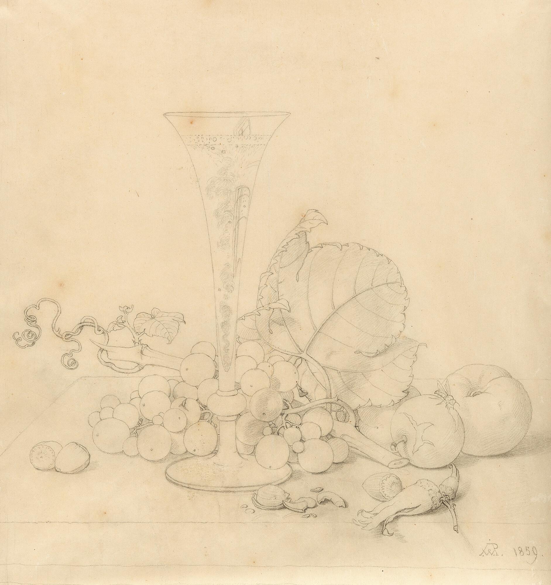 Johann Wilhelm Preyer - Stillleben mit Früchten, Nüssen und Sektflöte.