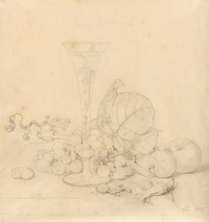 Johann Wilhelm Preyer - Stillleben mit Früchten, Nüssen und Sektflöte.