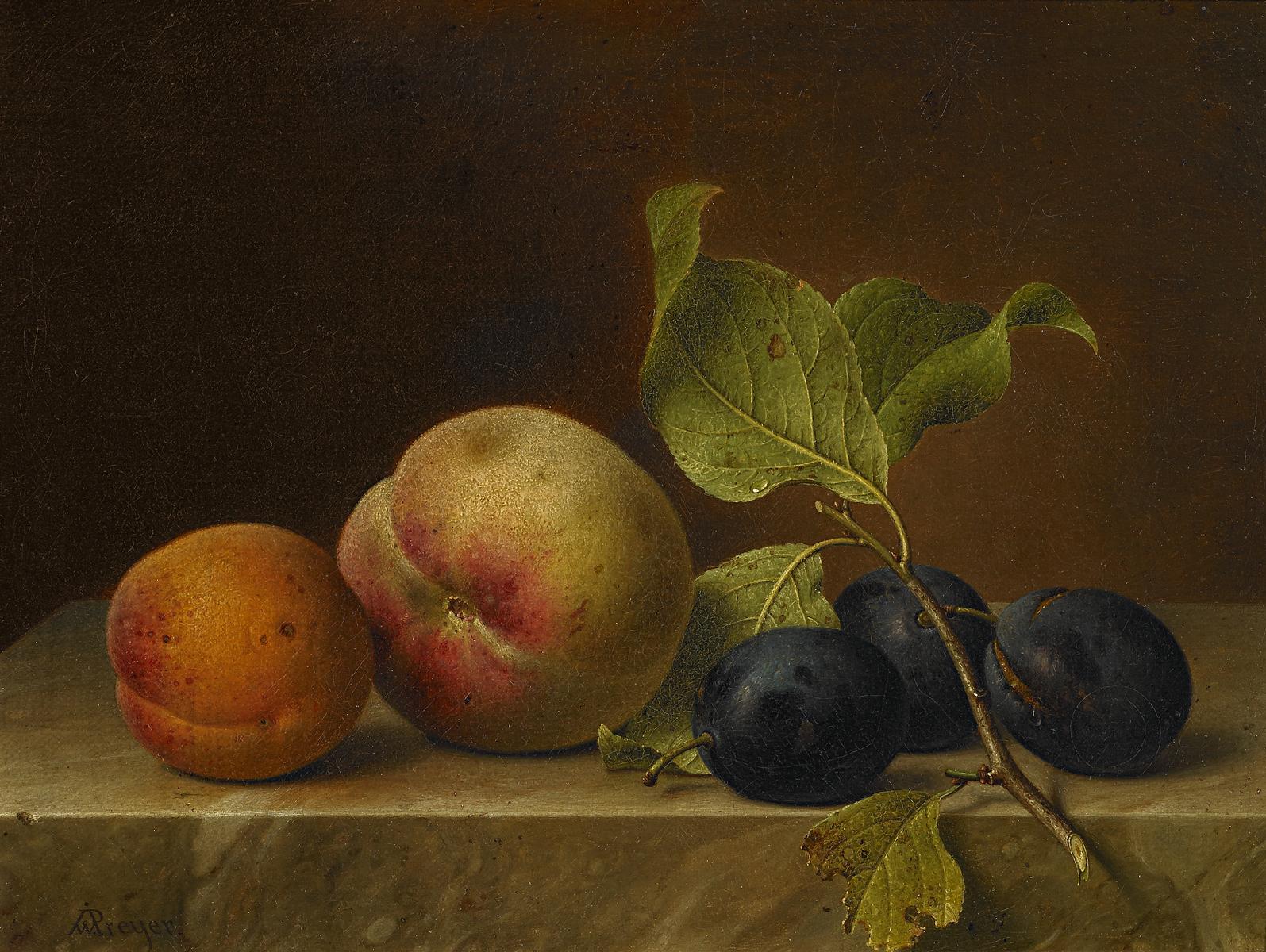Johann Wilhelm Preyer - Stillleben mit Pfirsich und Pflaumen auf einer Marmorplatte