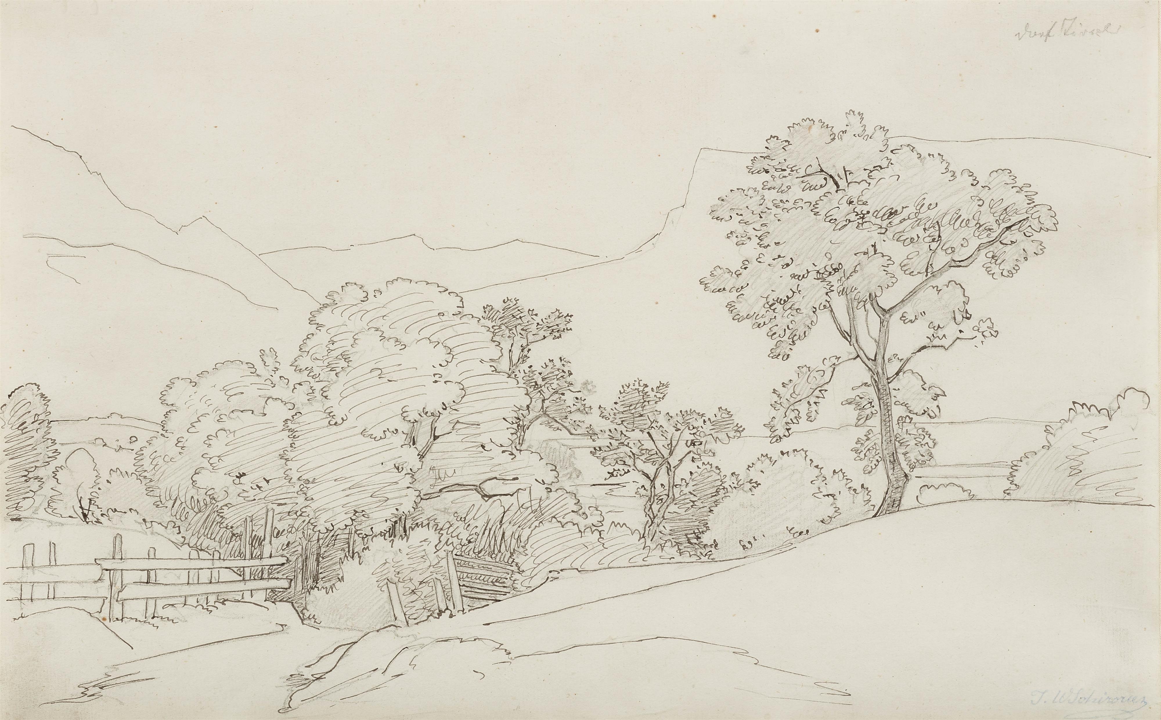 Johann Wilhelm Schirmer - Hügelige Landschaft mit Zaun und Bäumen