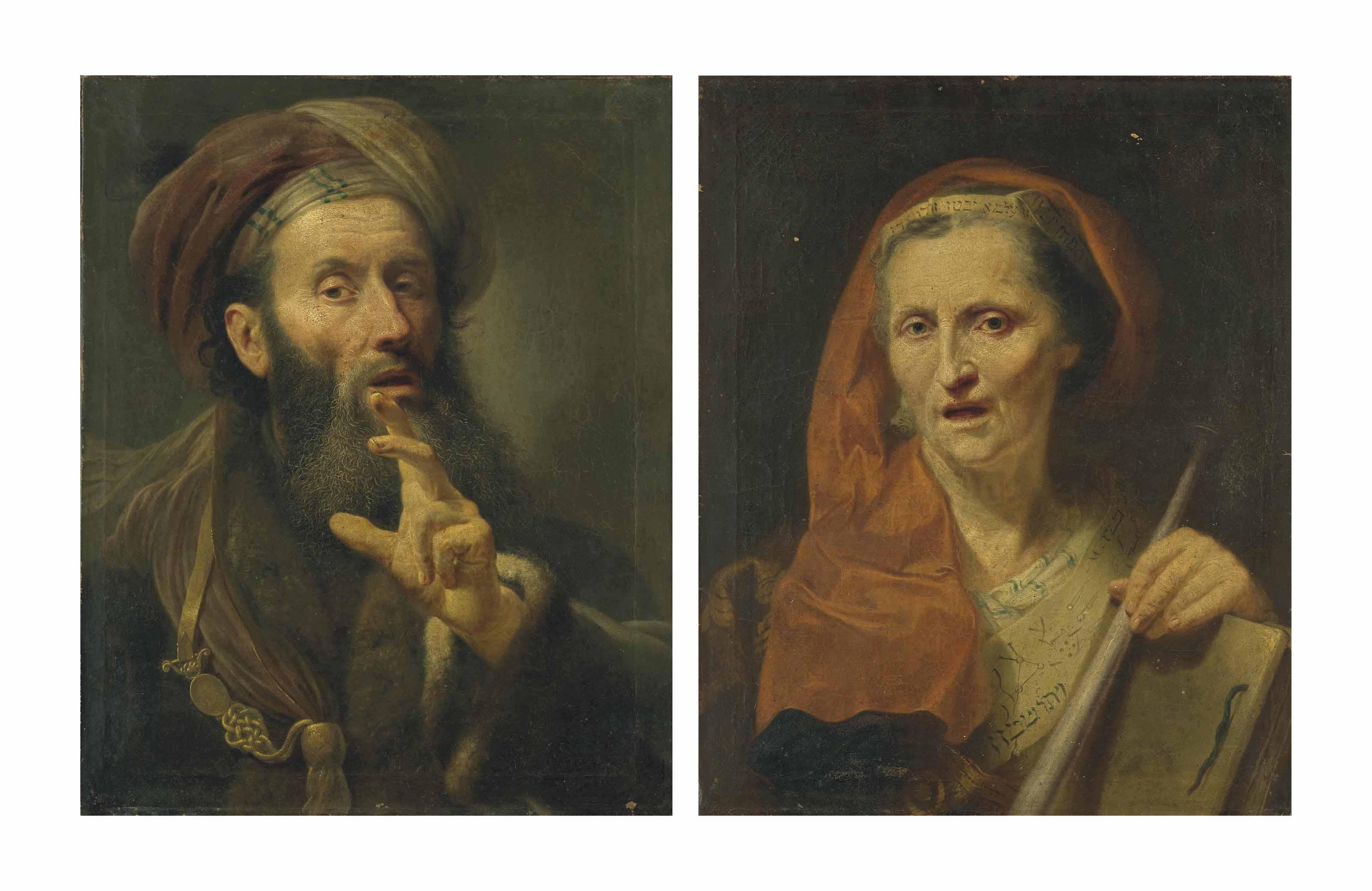 Johann Zoffany, R.A. - A bearded man, bust-length, in a fur-lined coat and turban, with a gold strap; and An old woman, bust-length, in a brown embroidered robe and inscribed sash and head band, holding a scroll and a staff