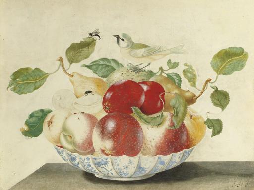 Johanna Helena Herolt Graff - Still life with a bird and insects on a Delft bowl containing pears, apples, peaches and apricots
