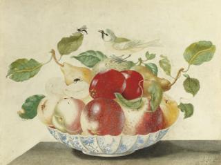 Johanna Helena Herolt Graff - Still life with a bird and insects on a Delft bowl containing pears, apples, peaches and apricots