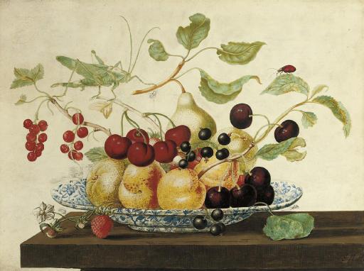 Johanna Helena Herolt Graff - Still life with a grasshoper and a ladybug perched on branches arranged in a Delft bowl with cherries, pears, peaches, blackcurrants, redcurrants and strawberries