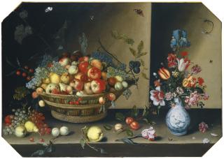 Johannes Baers - Still Life Of Apples, Pears, Peaches And Plums With Grapes And Walnuts In A Wicker Basket, Together With Flowers, Including Tulips, Irises And Carnations In A Blue And White Vase Upon A Table Top