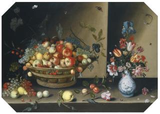 Johannes Baers - Still Life Of Apples, Pears, Peaches And Plums With Grapes And Walnuts In A Wicker Basket, Together With Flowers, Including Tulips, Irises And Carnations In A Blue And White Vase Upon A Table Top