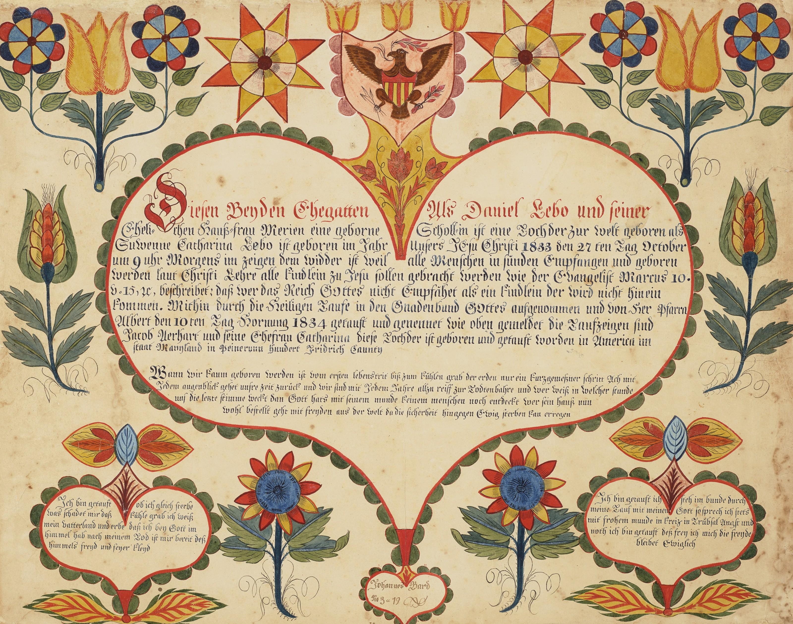 Johannes Bard - A FRAKTUR BIRTH CERTIFICATE FOR CATHARINA LEBO