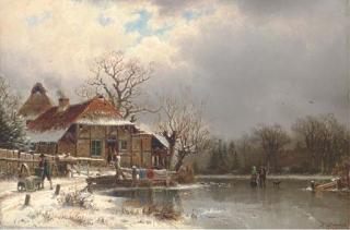 Johannes Bartholomäus Duntze - Figures At A Cottage On A Frozen Waterway