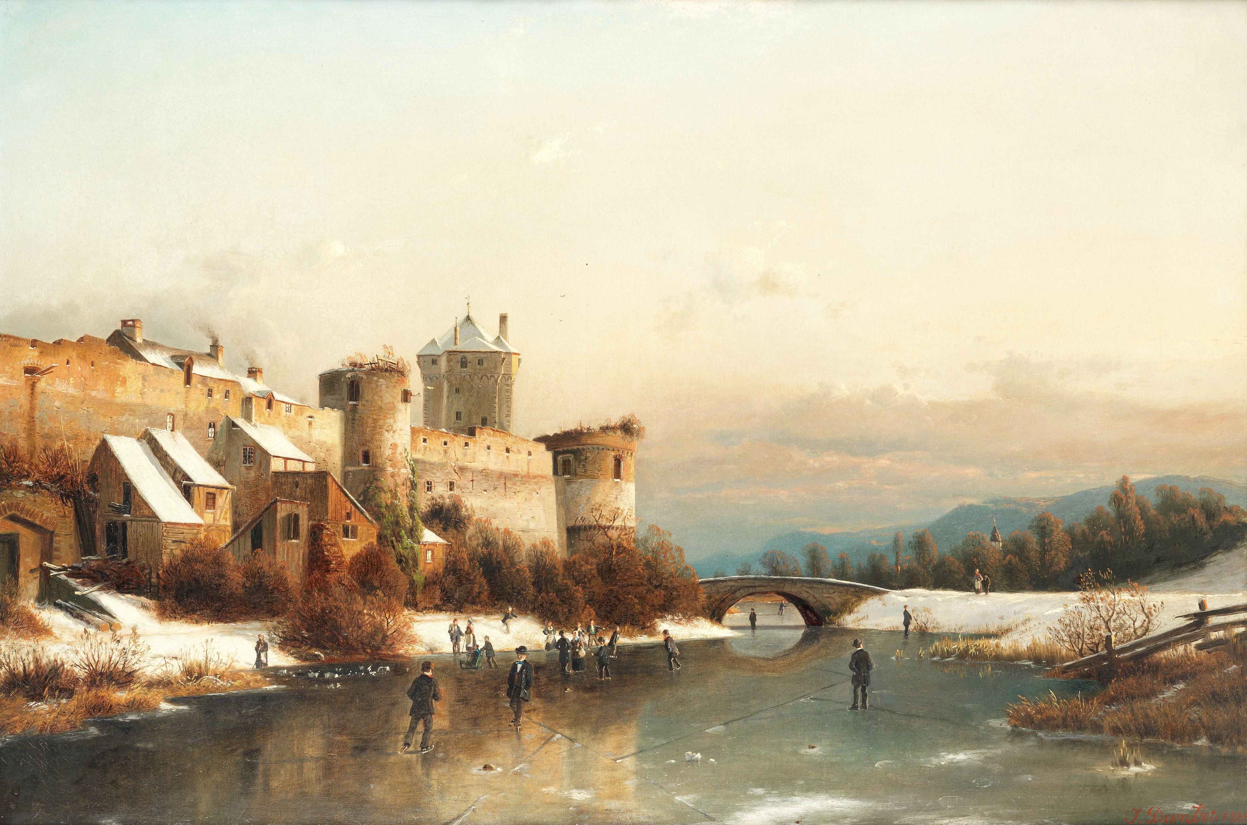 Johannes Bartholomäus Duntze - Figures skating on a frozen river beneath the town walls
