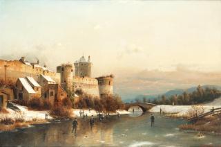 Johannes Bartholomäus Duntze - Figures skating on a frozen river beneath the town walls