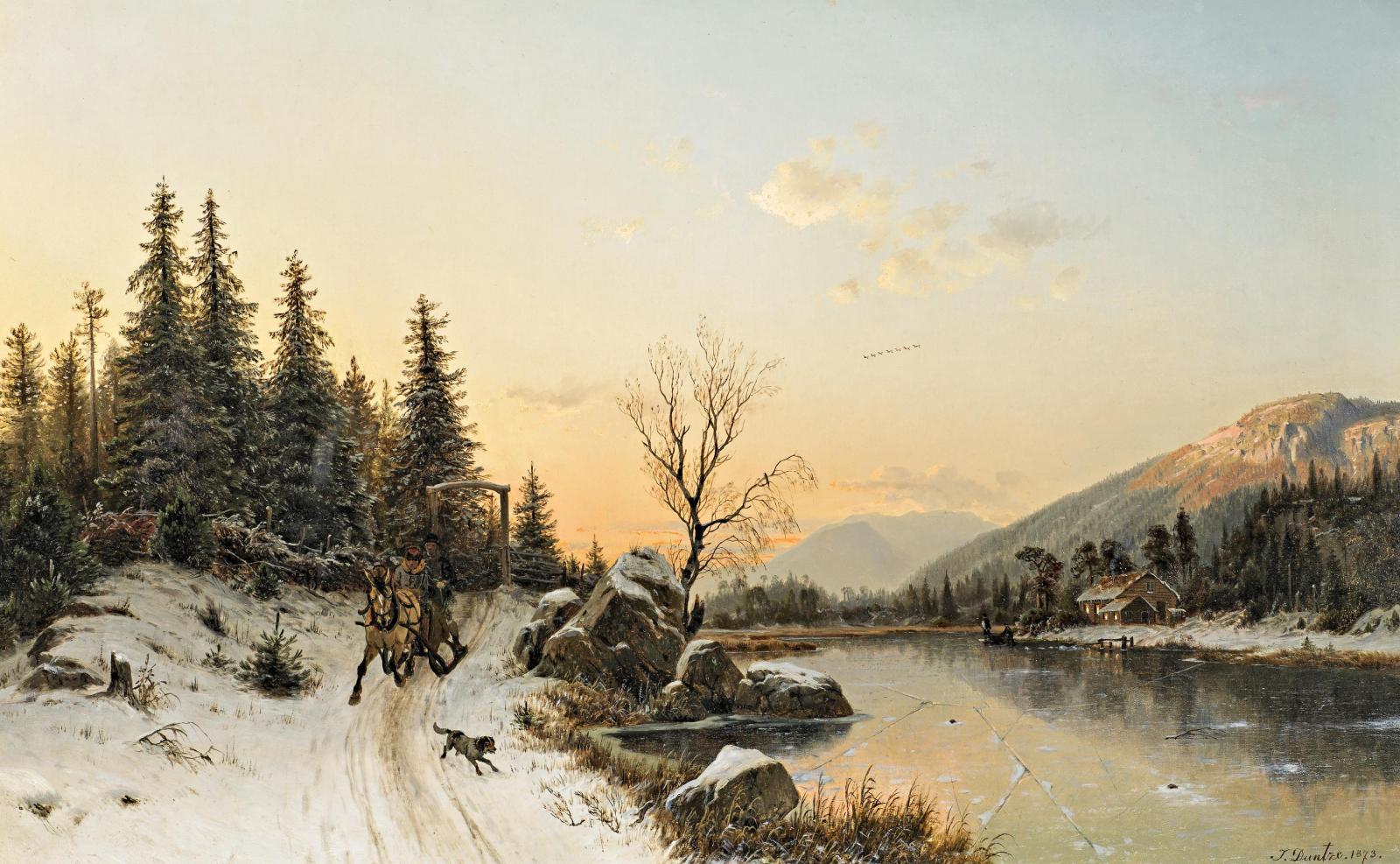 Johannes Bartholomäus Duntze - Norwegische Winterlandschaft mit Pferdeschlitten.