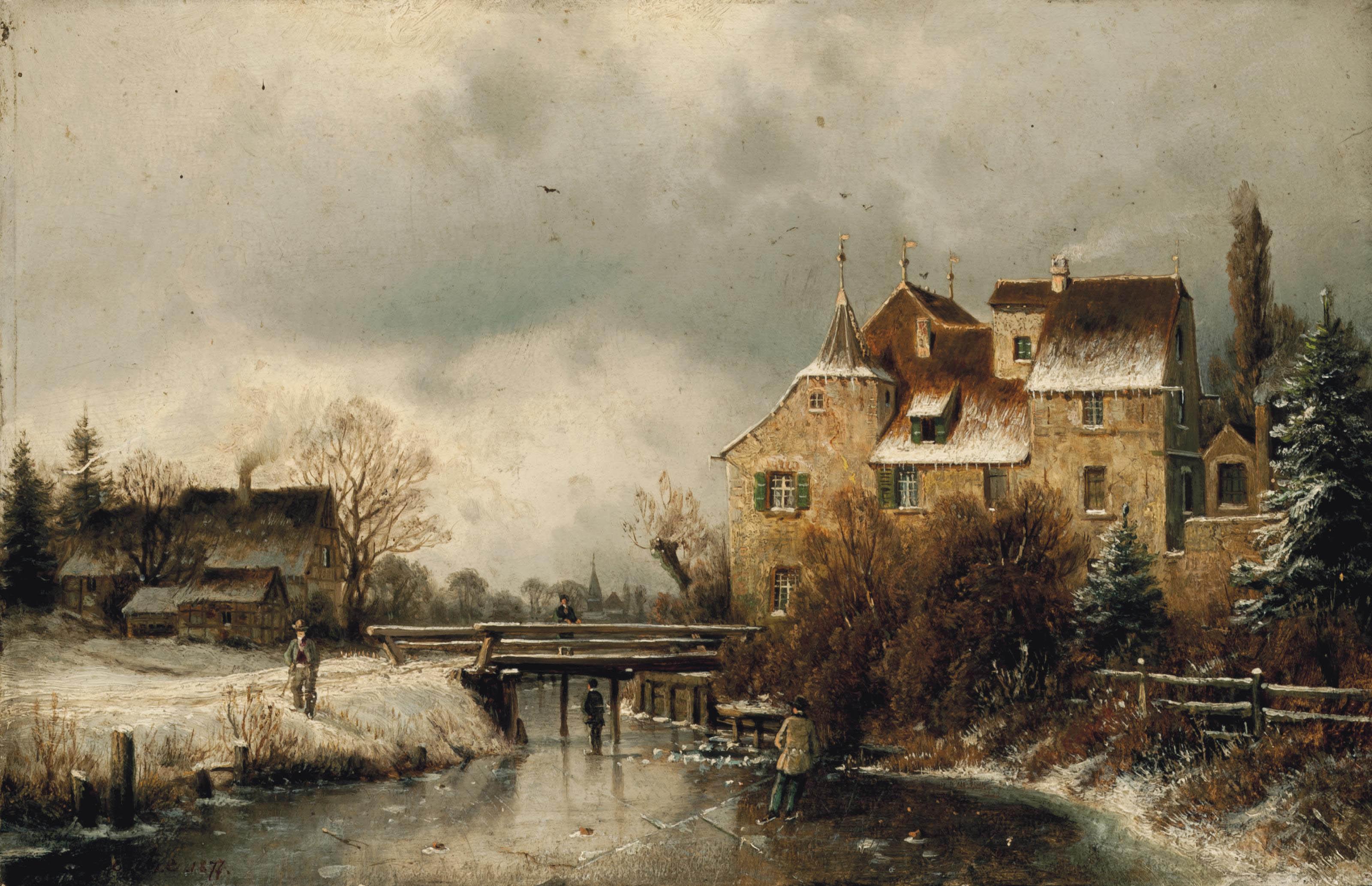 Johannes Bertholomaus Duntze - Figures Ice Skating On A Frozen River, With Houses And A Bridge Beyond
