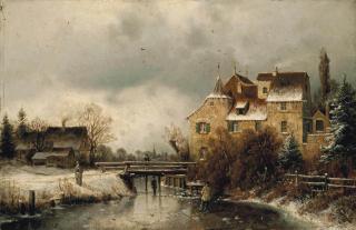 Johannes Bertholomaus Duntze - Figures Ice Skating On A Frozen River, With Houses And A Bridge Beyond