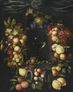 Johannes Borman - A Roemer With Walnuts And Almonds In A Niche Surrounded By A Garland Of Fruits, With Wasps And Ladybirds, And A Canopy Above