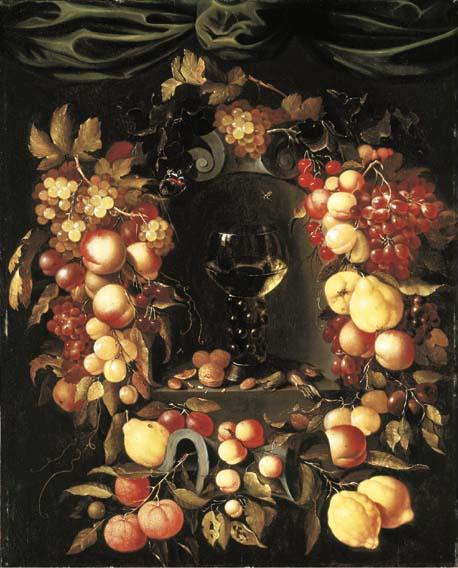 Johannes Borman - A roemer with walnuts and almonds in a niche surrounded by a garland of lemons, peaches, apricots, oranges, cherries and grapes with a Red Admiral, wasps and ladybirds, a canopy above