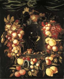 Johannes Borman - A roemer with walnuts and almonds in a niche surrounded by a garland of lemons, peaches, apricots, oranges, cherries and grapes with a Red Admiral, wasps and ladybirds, a canopy above