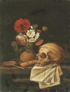Johannes Borman - A vanitas still life with a skull, flowers in a terracotta vase, an haliotis, a flute and pages from the anonymous Le miroir des plus belles courtisannes de ce temps on a stone ledge