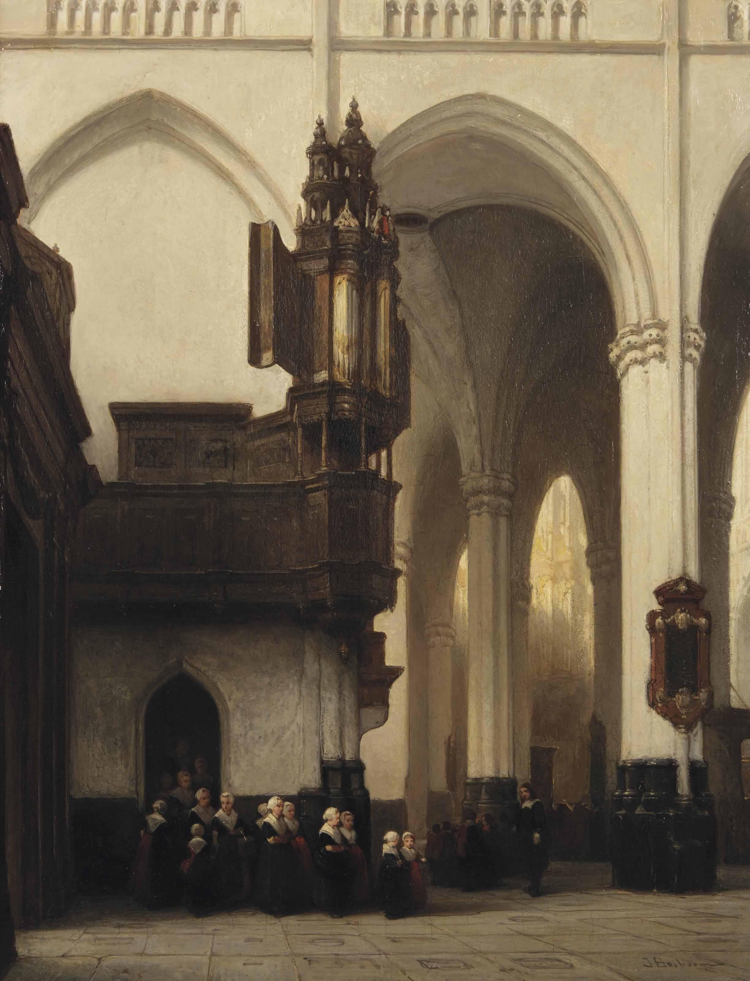 Johannes Bosboom - The Interior Of The Nieuwe Kerk In Amsterdam With \'Burgerweesmeisjes\' Near The Transept Organ