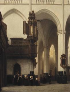 Johannes Bosboom - The Interior Of The Nieuwe Kerk In Amsterdam With \'Burgerweesmeisjes\' Near The Transept Organ