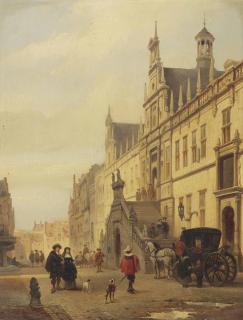 Johannes Bosboom - View of the Breestraat in Leiden with figures before the City Hall