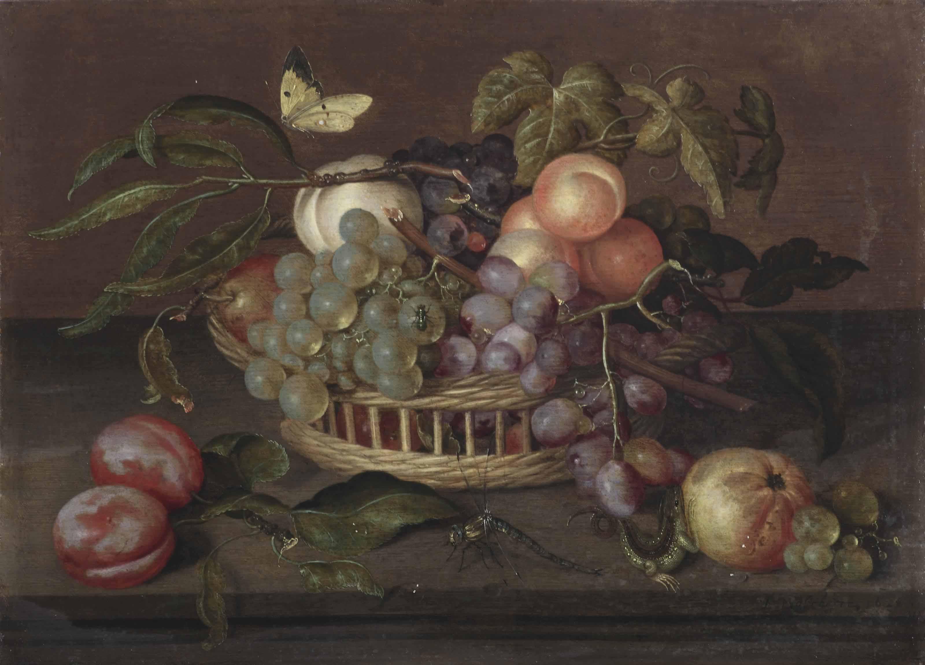 Johannes Bosschaert - A wicker basket with white and blue grapes, peaches, an apple and vine leaves on a stone ledge together with plums, a libelle, a lizard, a butterfly and other fruits