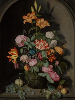 Johannes Bosschaert - Bouquet of tulips, lilies, and carnations in a glass vase with apples, grapes, a lizard and butterfly, in a stone niche