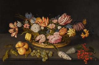 Johannes Bosschaert - Still Life Of Tulips And Other Flowers In A Basket, With Shells And Fruit On A Stone Ledge