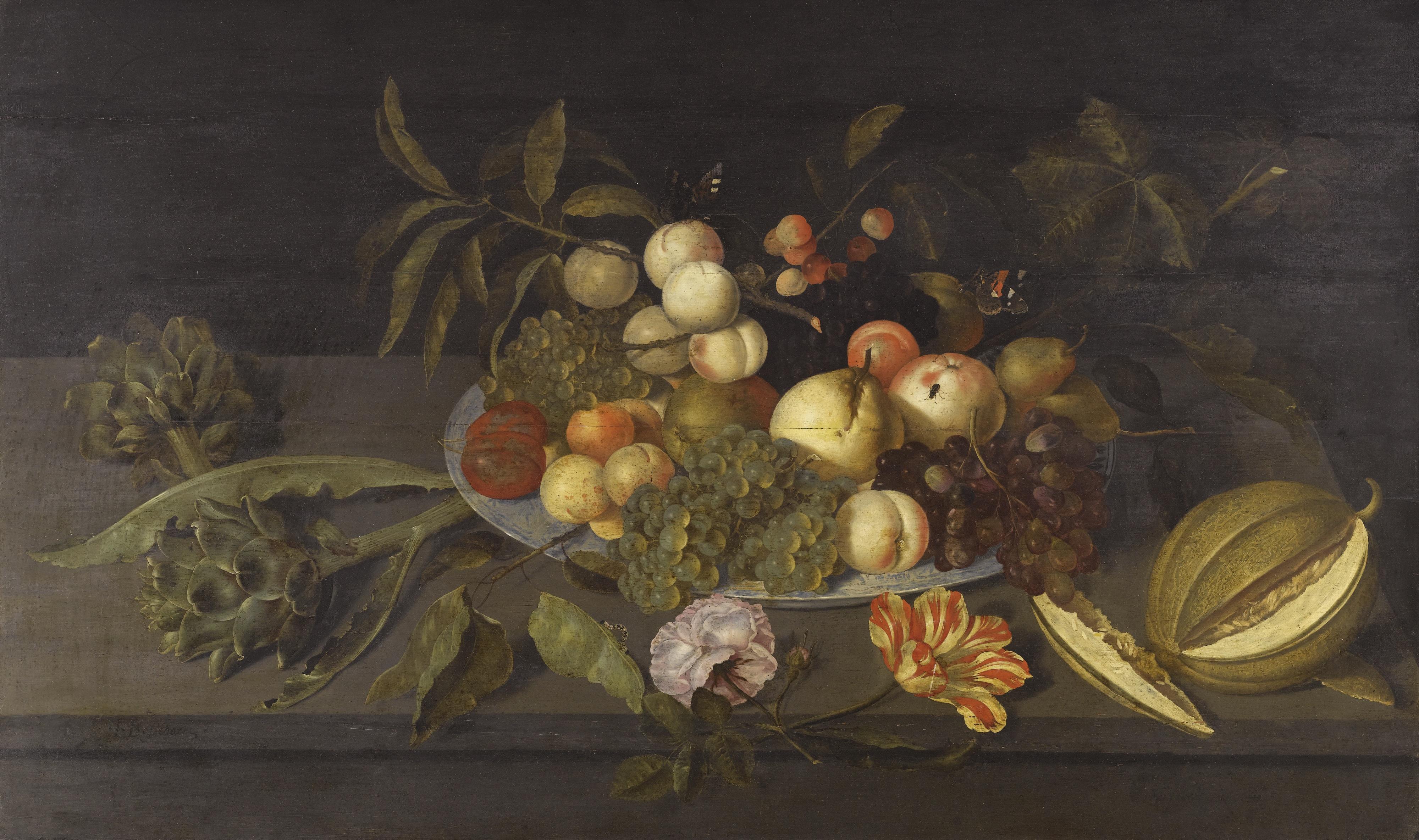 Johannes Bosschaert - Still Life With Apples, Pears, Grapes And Other Fruits In A Chinese Porcelain Bowl On A Ledge Alongside A Melon, Some Artichokes And Some Flowers