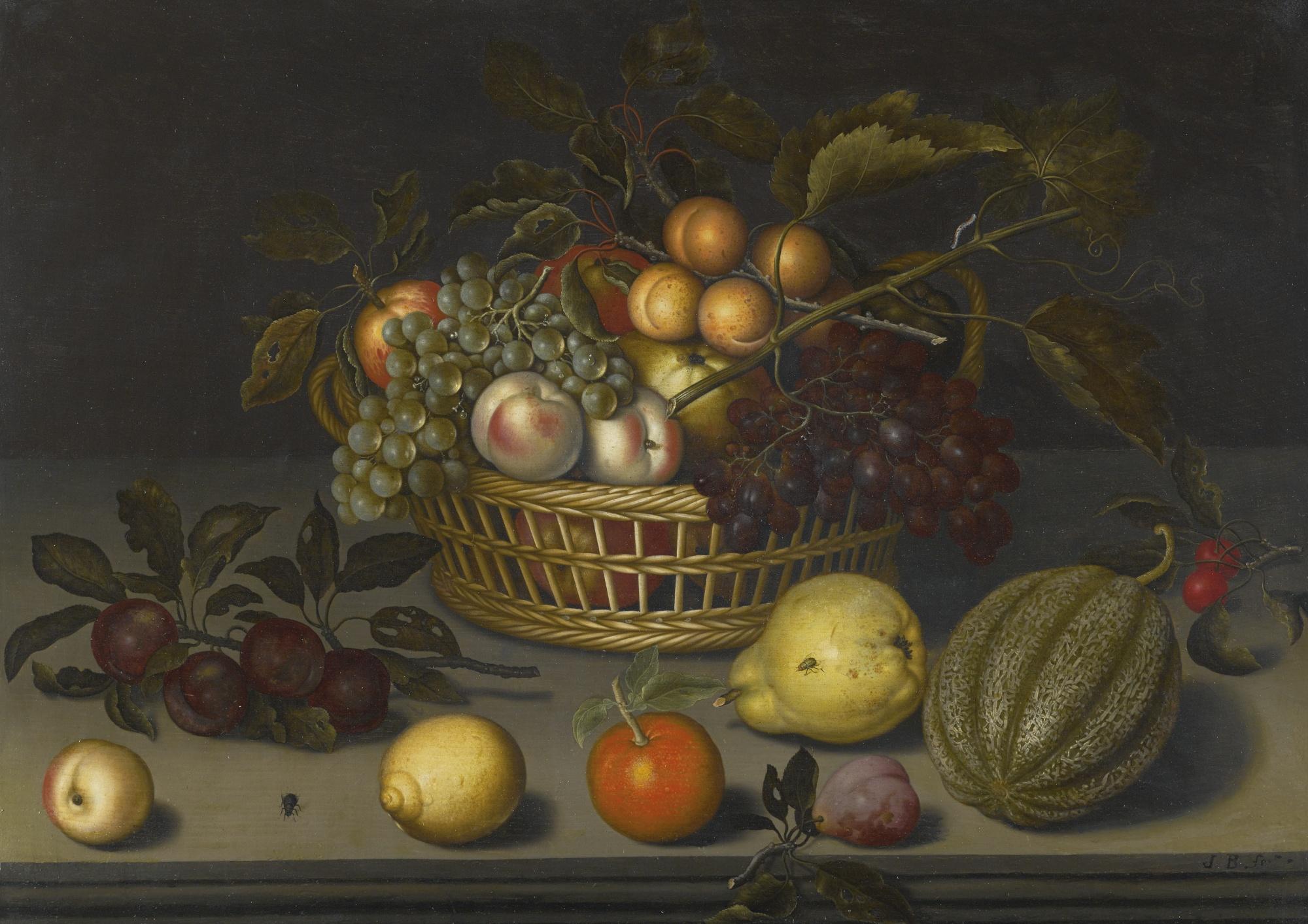 Johannes Bosschaert - Still Life With Peaches, Apricots And Grapes In A Wicker Basket, With A Melon, A Pear, An Orange And Other Fruit, All Upon A Stone Ledge