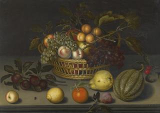 Johannes Bosschaert - Still Life With Peaches, Apricots And Grapes In A Wicker Basket, With A Melon, A Pear, An Orange And Other Fruit, All Upon A Stone Ledge