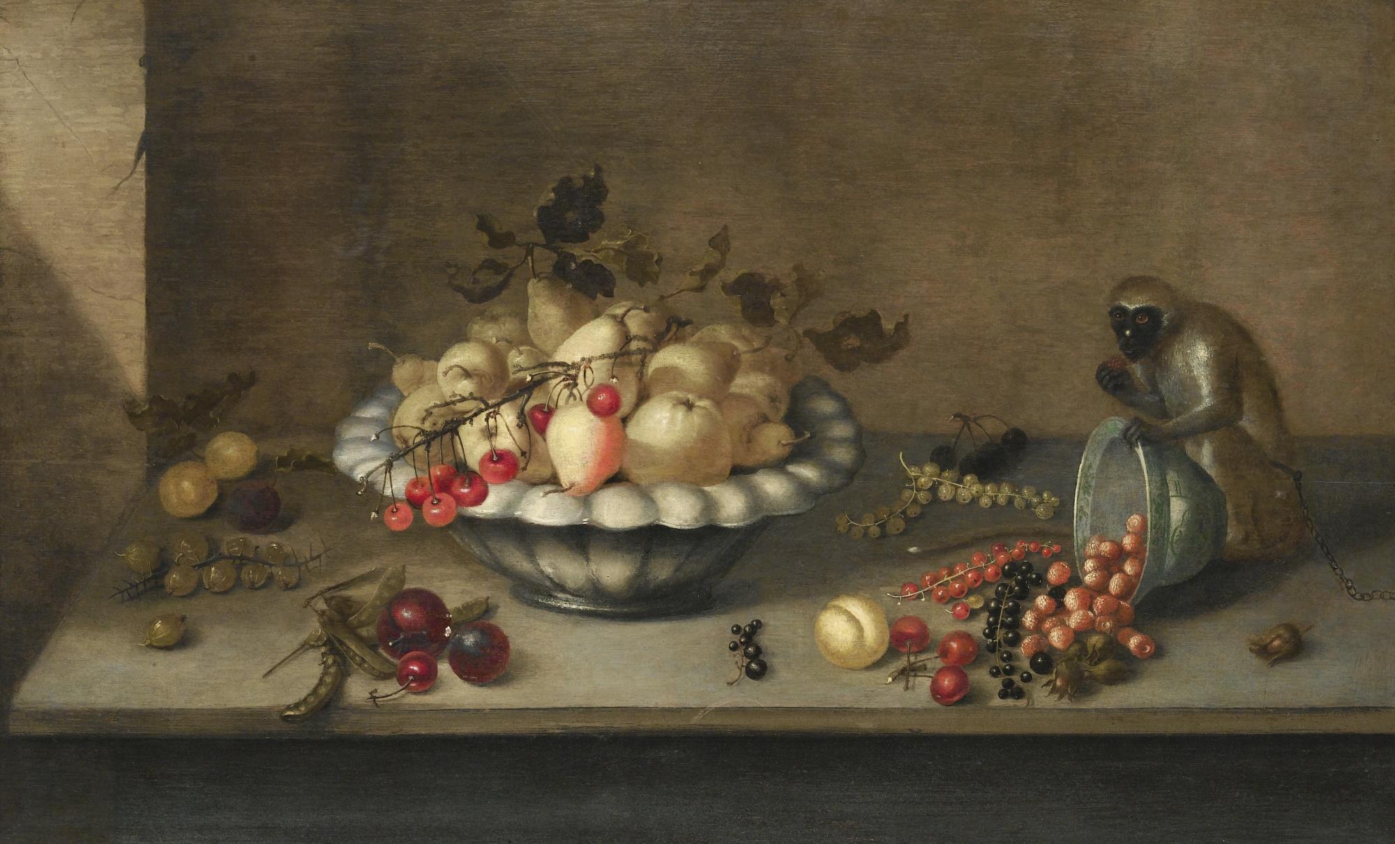 Johannes Bouman - A Still Life Of Pears In A Bowl And Scattered Gooseberries, Cherries, Peas, Strawberries, Redcurrants, Blackcurrants And Hazelnuts On A Stone Ledge With A Chained Monkey