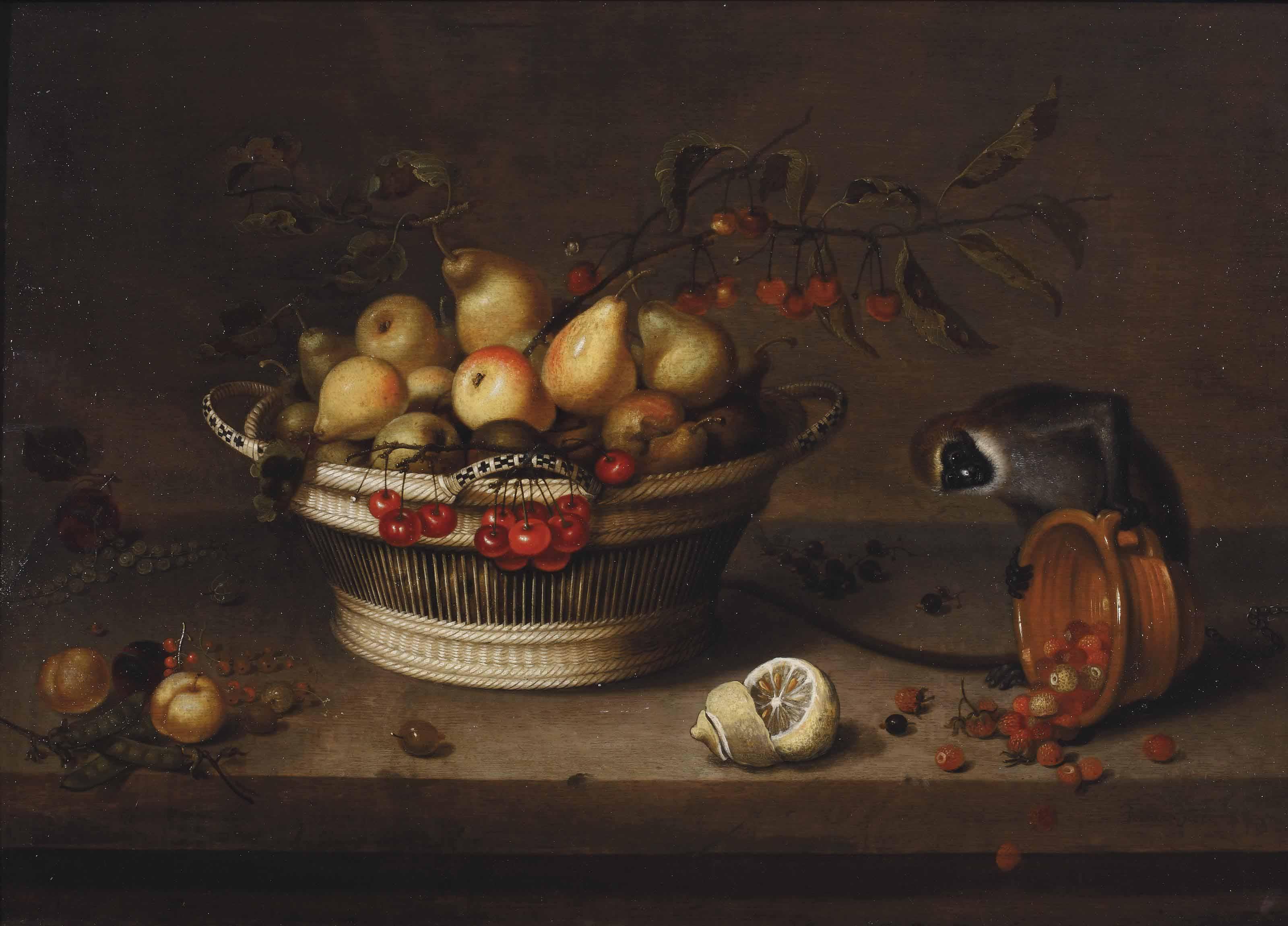 Johannes Bouman - A wicker basket with apples, pears, cherries, plums, peas and currents, with a sliced lemon and a monkey overturning an earthenware bowl of wild strawberries, on a ledge