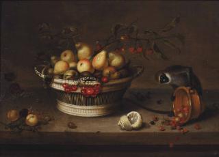 Johannes Bouman - A wicker basket with apples, pears, cherries, plums, peas and currents, with a sliced lemon and a monkey overturning an earthenware bowl of wild strawberries, on a ledge