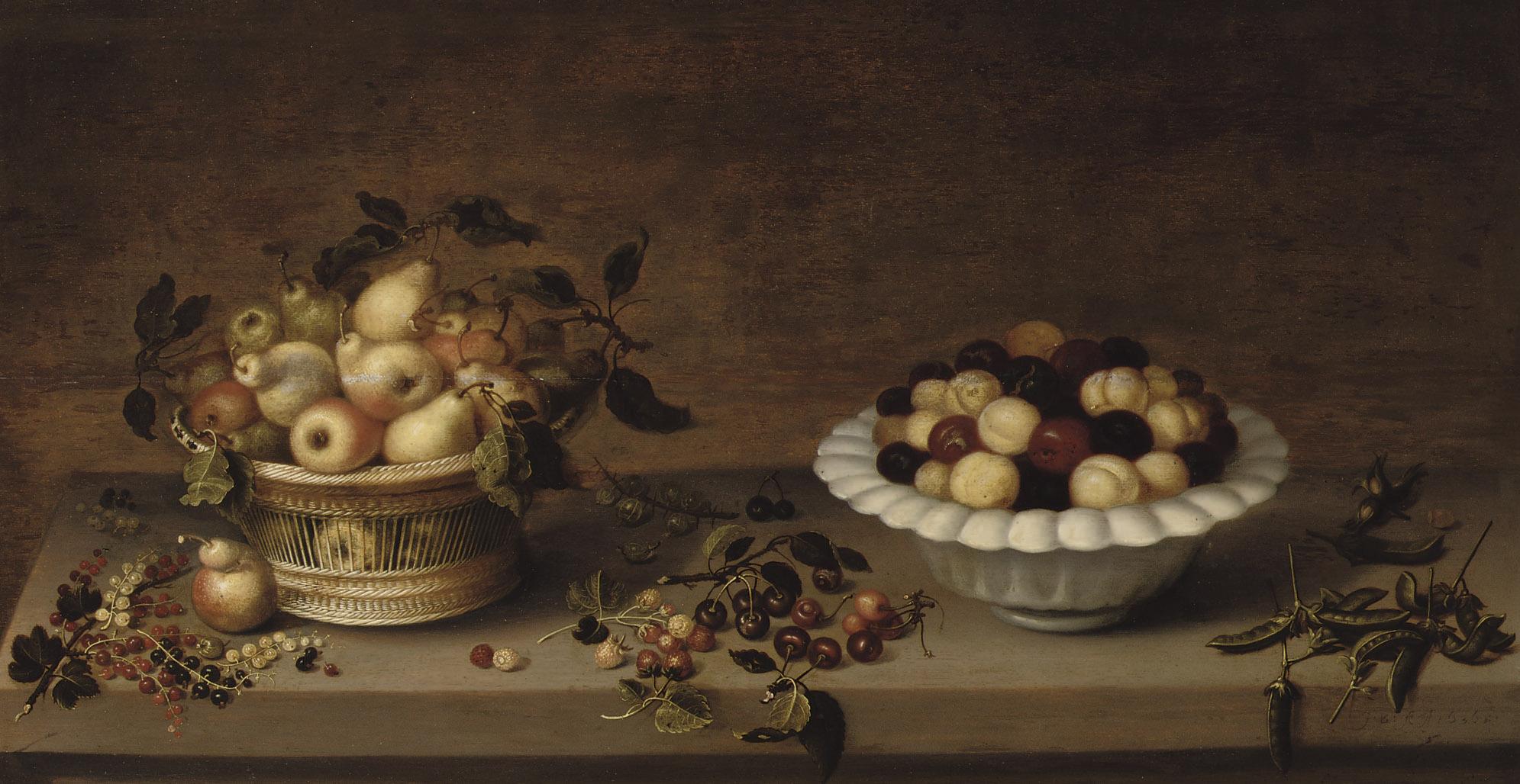Johannes Bouman - Pears in a wicker basket, red and white plums in a porcelain bowl together with cherries, wild strawberries, red, white and blackcurrants and peas in a pod on a wooden ledge