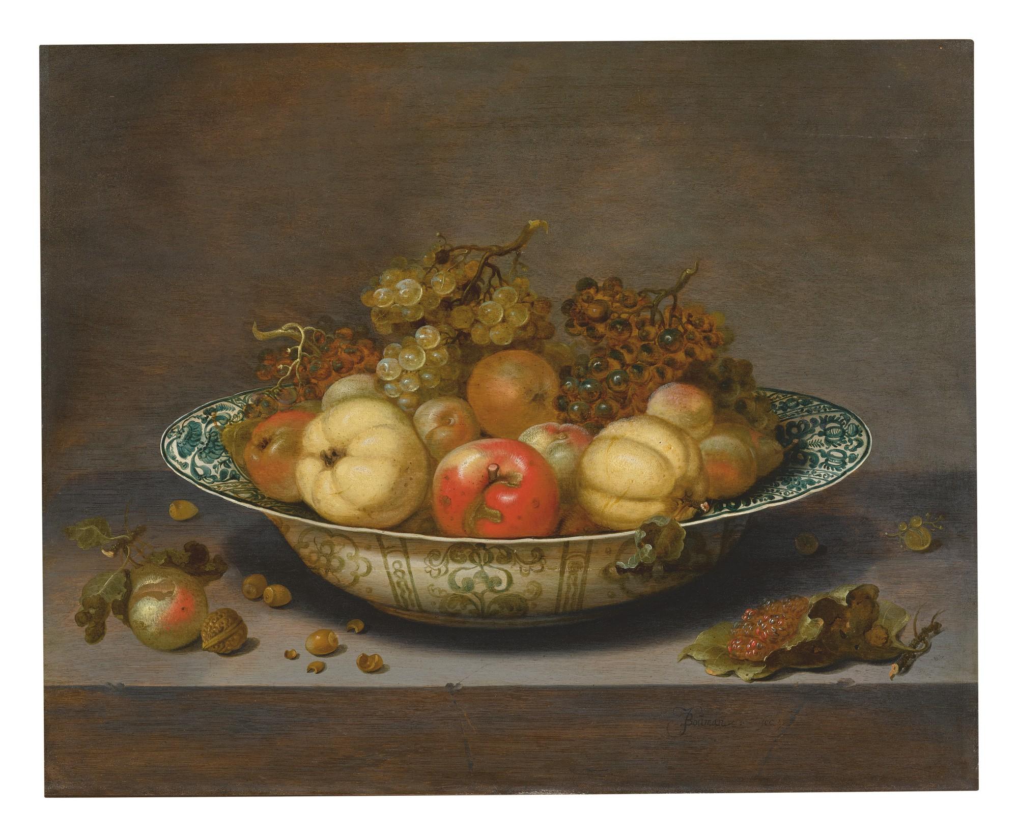 Johannes Bouman - Still Life Of Fruit In A Kraak Bowl, On A Ledge