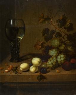 Johannes Bouman - Still Life With Grapes, Plums, Acorns And A Glass Roemer On A Ledge