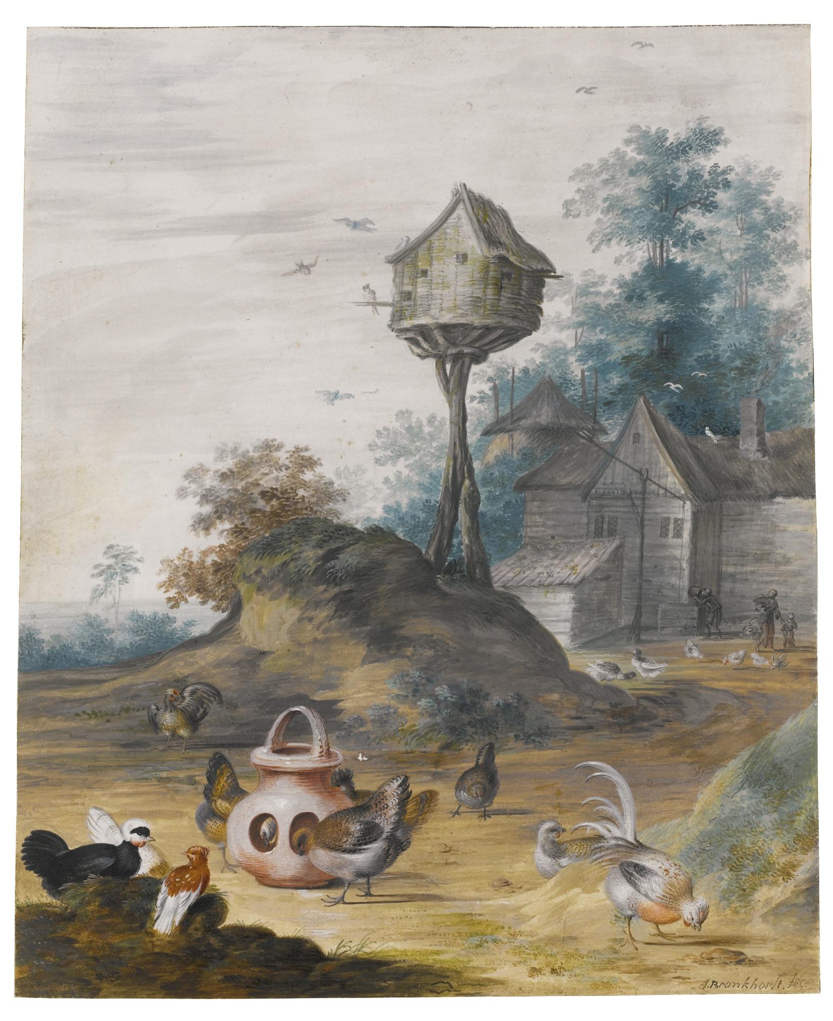Johannes Bronckhorst - A Farmyard Scene With Hens Feeding