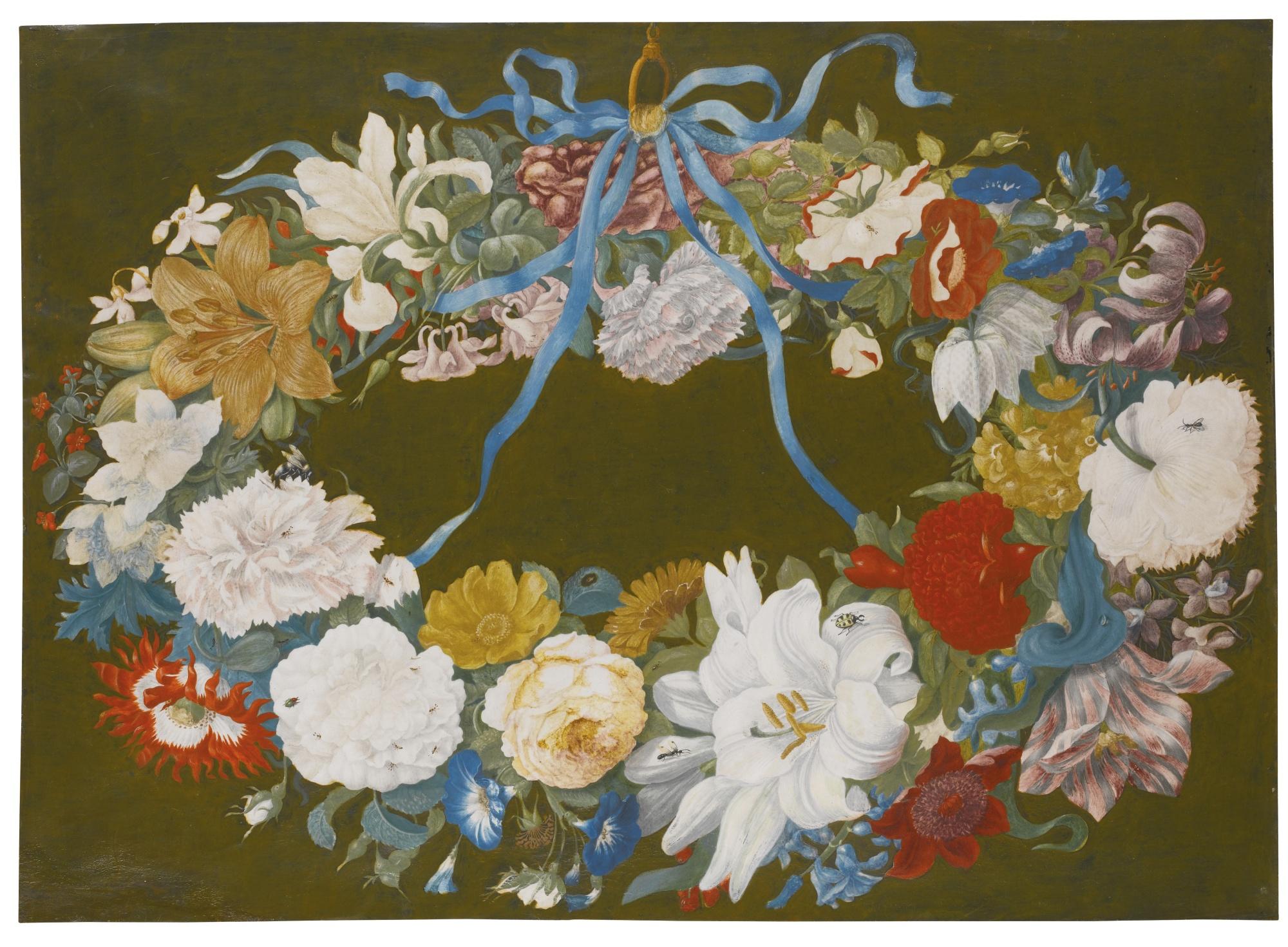 Johannes Bronckhorst - A Garland Of Flowers, Tied To A Ring With A Blue Ribbon