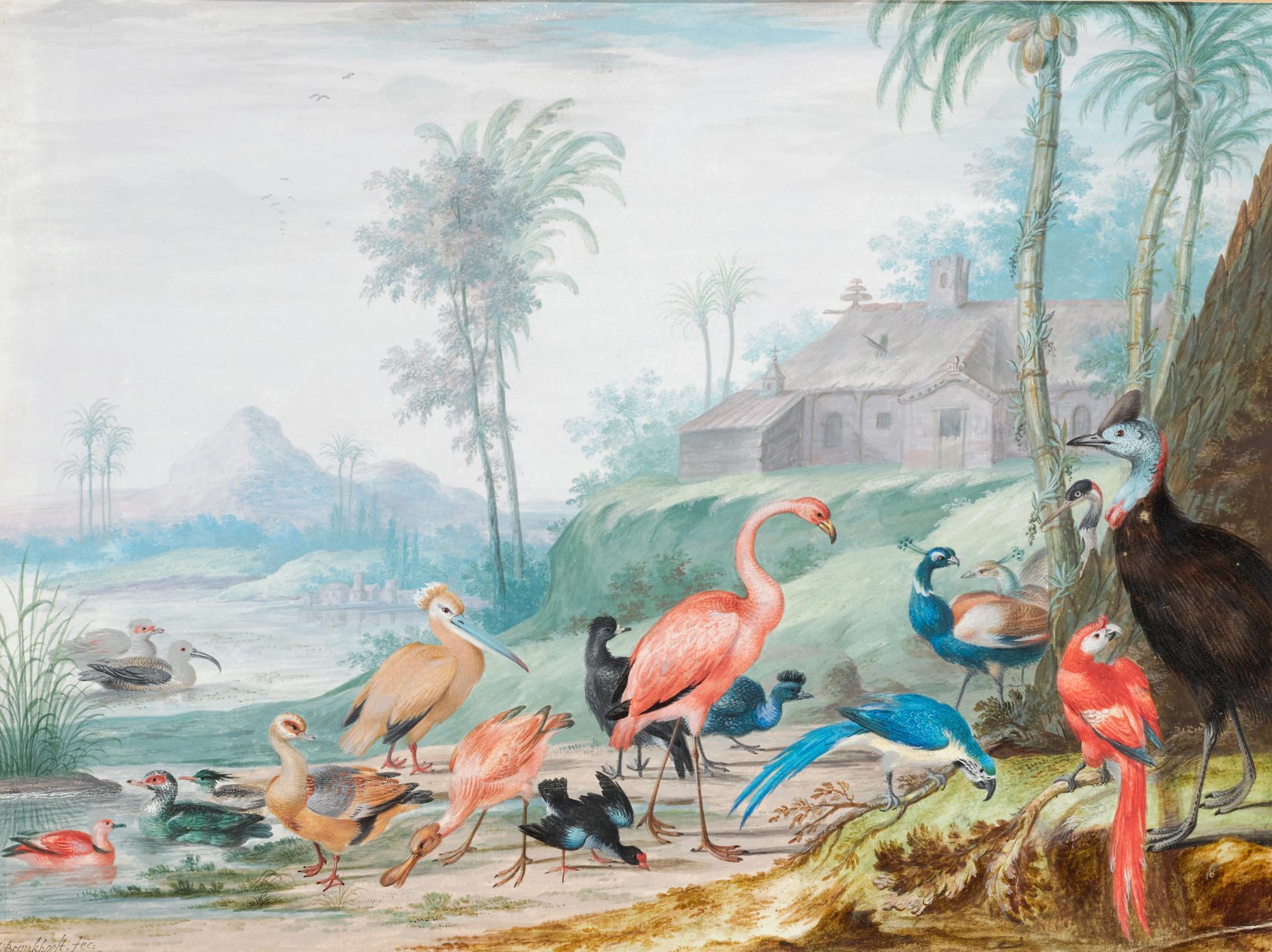 Johannes Bronckhorst - A Group Of Exotic Birds In A Landscape Beneath Palm Trees, A Building And Mountains Beyond