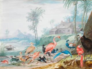 Johannes Bronckhorst - A Group Of Exotic Birds In A Landscape Beneath Palm Trees, A Building And Mountains Beyond