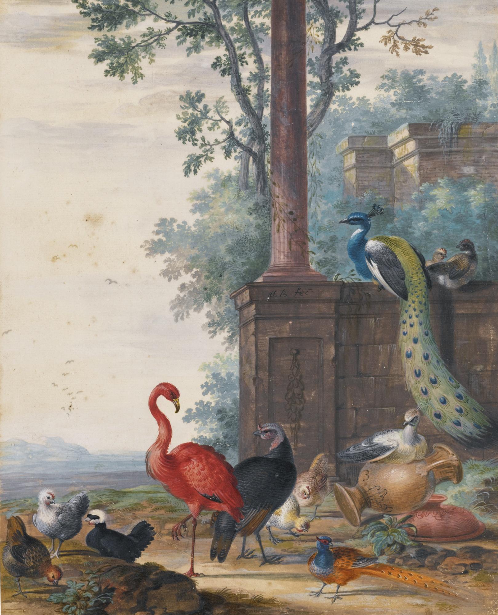 Johannes Bronckhorst - An Italianate Landscape With A Peacock, Pheasant, Flamingo And Other Fowl