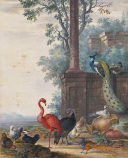 Johannes Bronckhorst - An Italianate Landscape With A Peacock, Pheasant, Flamingo And Other Fowl
