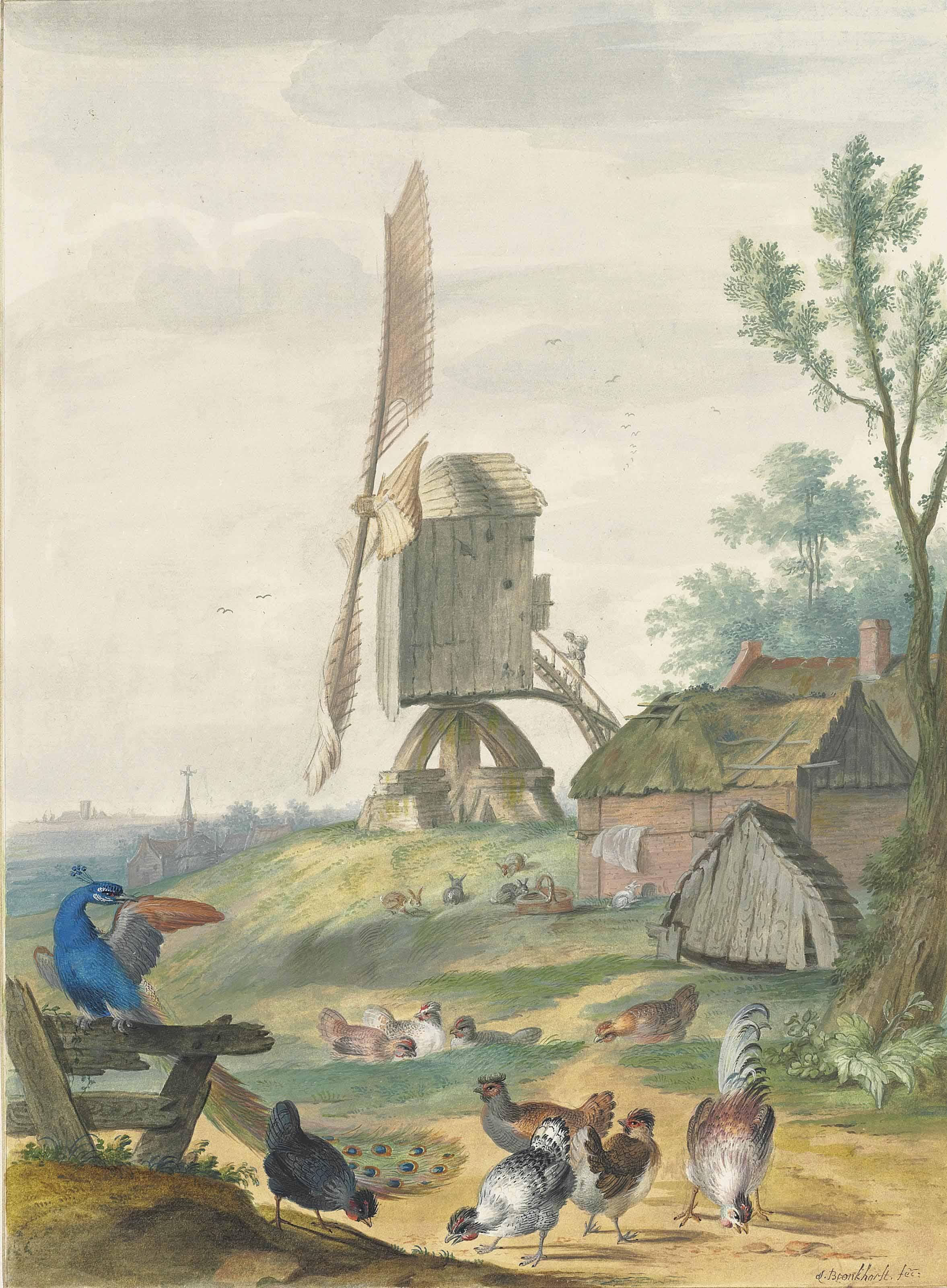 Johannes Bronkhorst - A Peacock, Chickens And Rabbits In A Farmyard With A Windmill And A Village Beyond