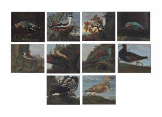 Johannes Bronkhorst - Studies of birds in landscape settings: A waxwing ( Bombycilla ); A common chaffinch ( Fringilla coelebs ); A great grey shrike ( Lanius excubitor ); A common kingfisher ( Alcedo atthis ); A house sparrow ( Passer domesticus ); A