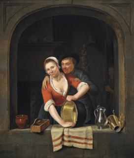 Johannes Christiaan Janson - An amorous couple in a window with earthenware, a pan and metal decanters, a kitchen interior with a figure behind a door beyond