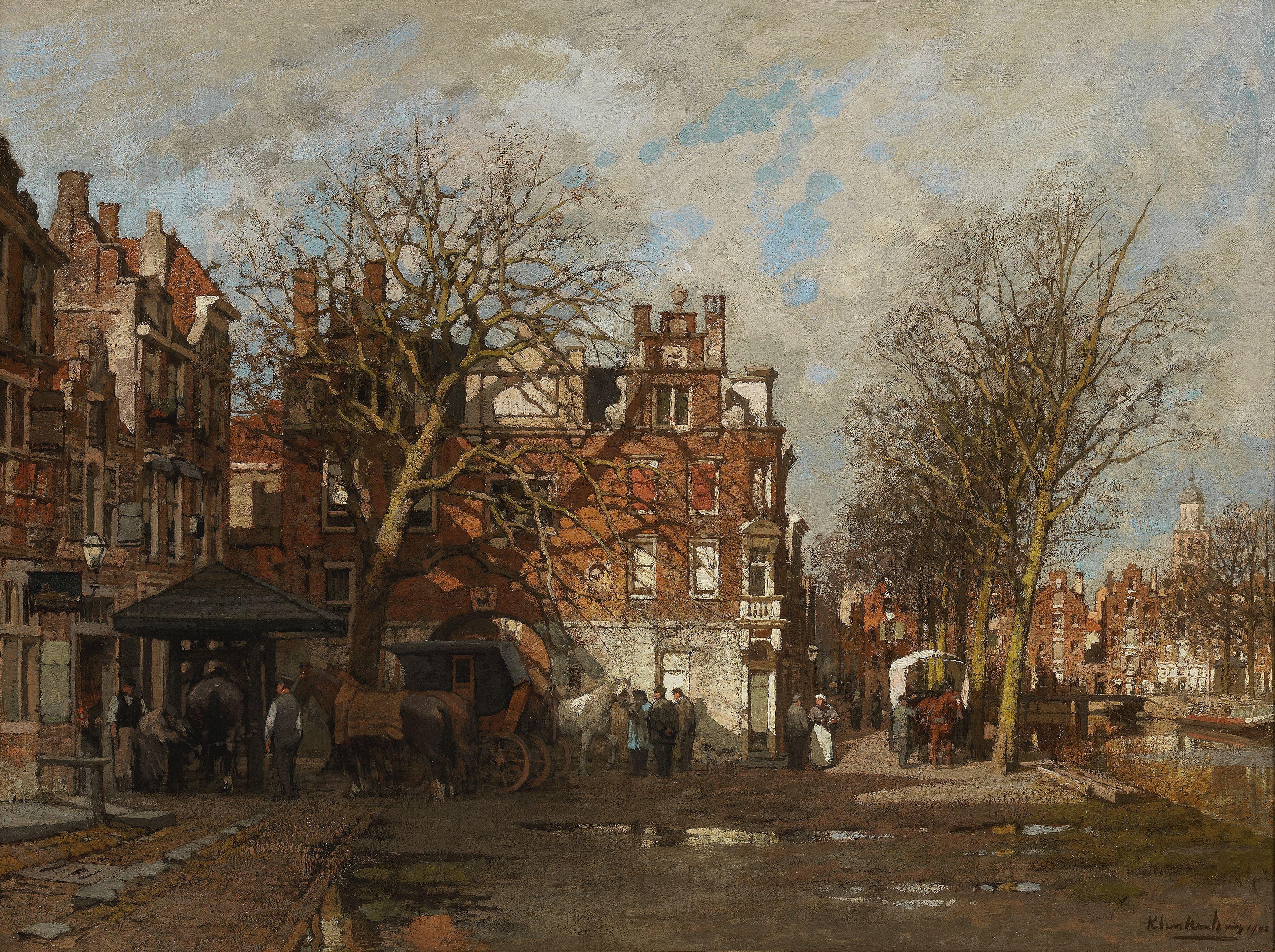 Johannes Christiaan Karel Klinkenberg - A blacksmith\'s forge with figures, horses and carriages by a canal